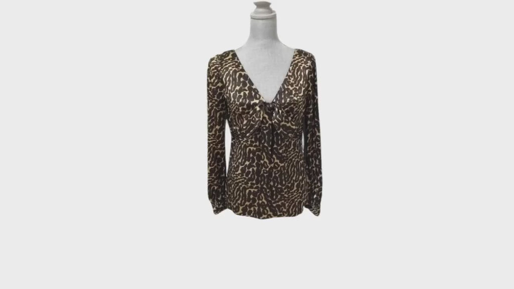 Tory Burch Stevie Silk Leopard Print Blouse – 100% Silk, Size S/M, Bow Neckline, Hidden Zip, Designer Preloved Top, Animal Print