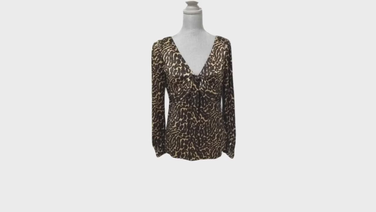 Tory Burch Stevie Silk Leopard Print Blouse – 100% Silk, Size S/M, Bow Neckline, Hidden Zip, Designer Preloved Top, Animal Print