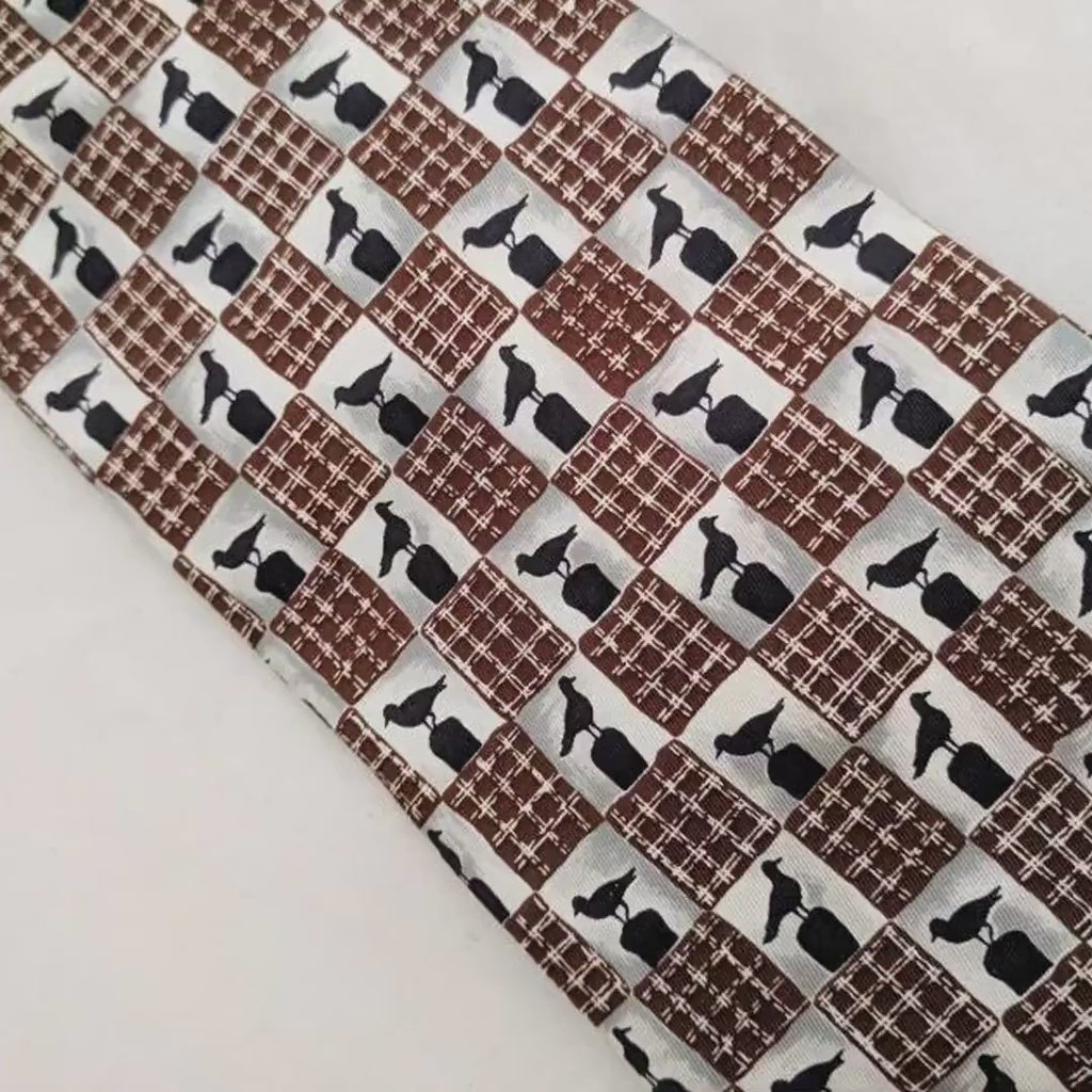 Vintage Dunhill Silk Necktie – Bird Pattern Tie, Brown & Black Checkered Design, 100% Silk, Made in Italy