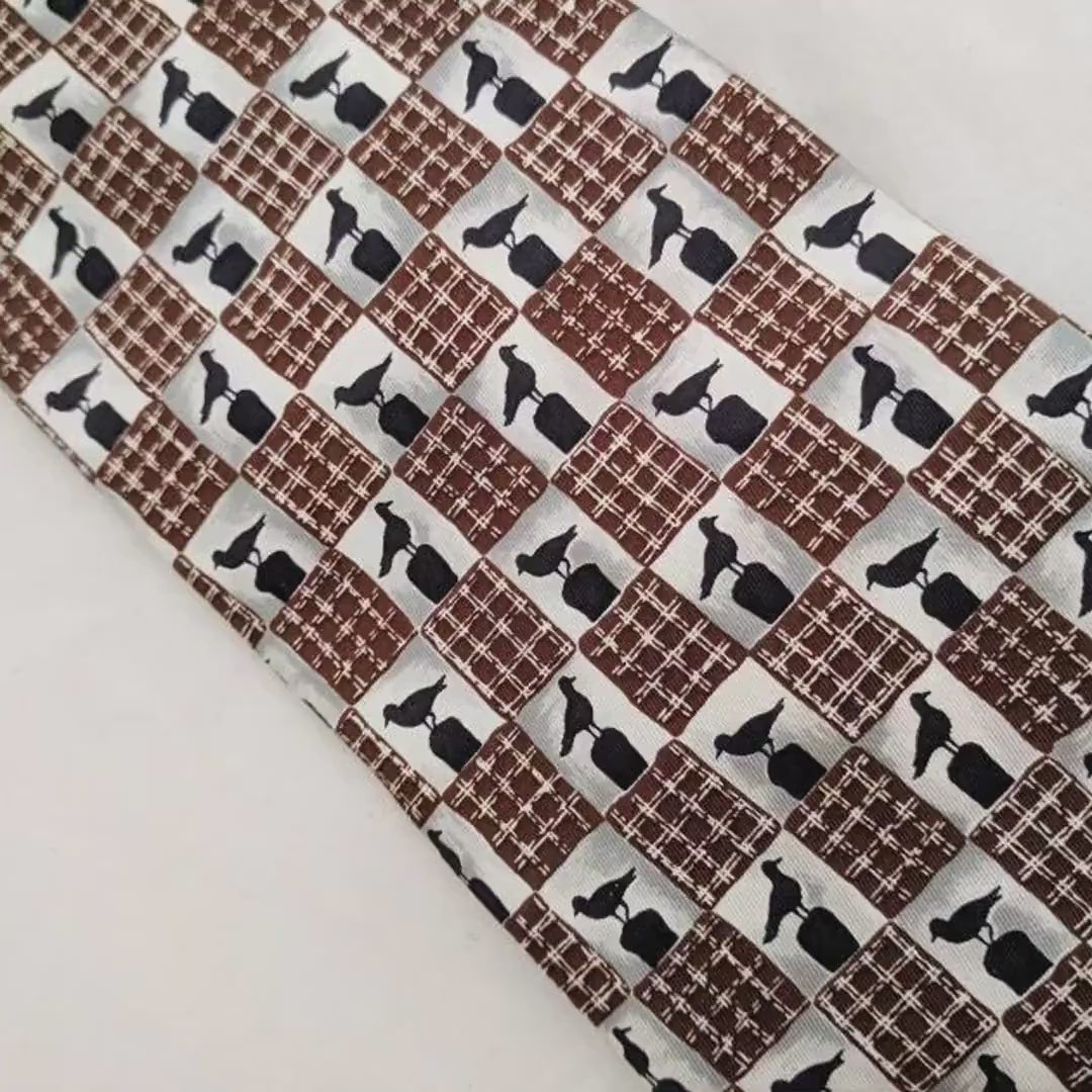 Vintage Dunhill Silk Necktie – Bird Pattern Tie, Brown & Black Checkered Design, 100% Silk, Made in Italy