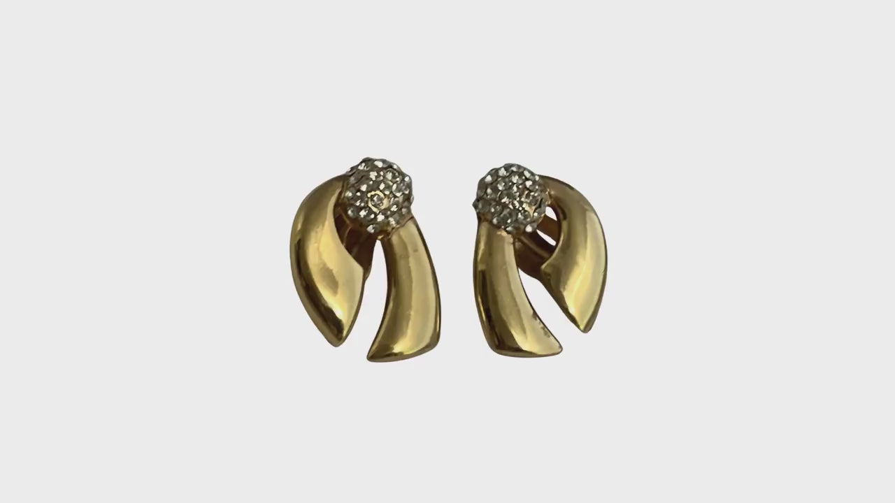 Vintage P&M Paris Gold-Plated Couture Clip-On Earrings – Crystal Encrusted, Designer Stamped