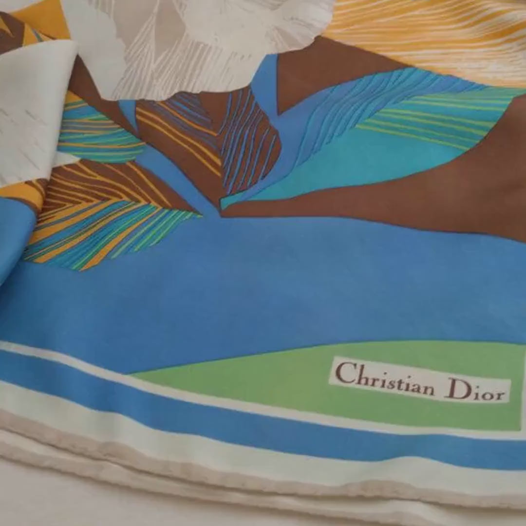 Christian Dior Vintage Silk Scarf – 1980s Floral Square Scarf, Blue & Cream Headscarf, Luxury Gift for Her