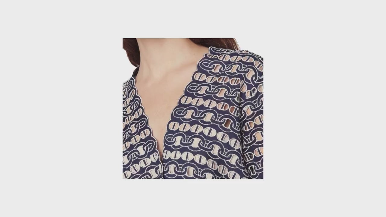 Sandro Paris Chain Eyelet Minidress – Blue & White Scalloped Dress, Size M, Fully Lined, Flattering Fit, Preloved