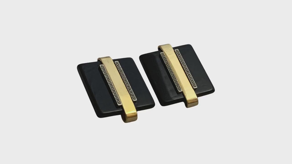 Black Bakelite and rhinestone Art Deco clip‑on earrings, 1.5″ diameter, vintage gold‑tone