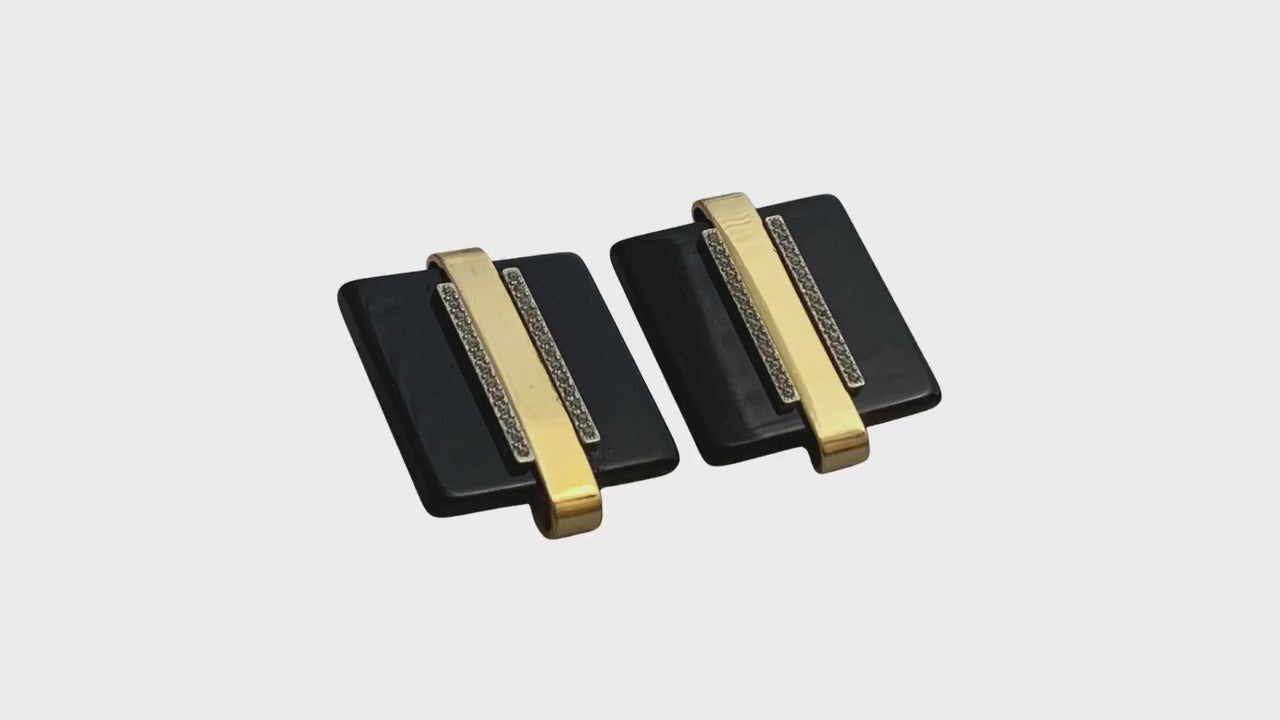 Black Bakelite and rhinestone Art Deco clip‑on earrings, 1.5″ diameter, vintage gold‑tone