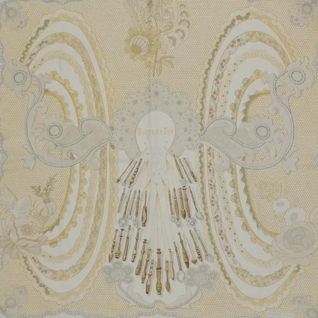 Hermès Scarf – "Doigts de Fée" by Caty Latham, 2000 Collectible Silk Scarf, Tribute to Lace-Making Art, 89cm Square, Made in France
