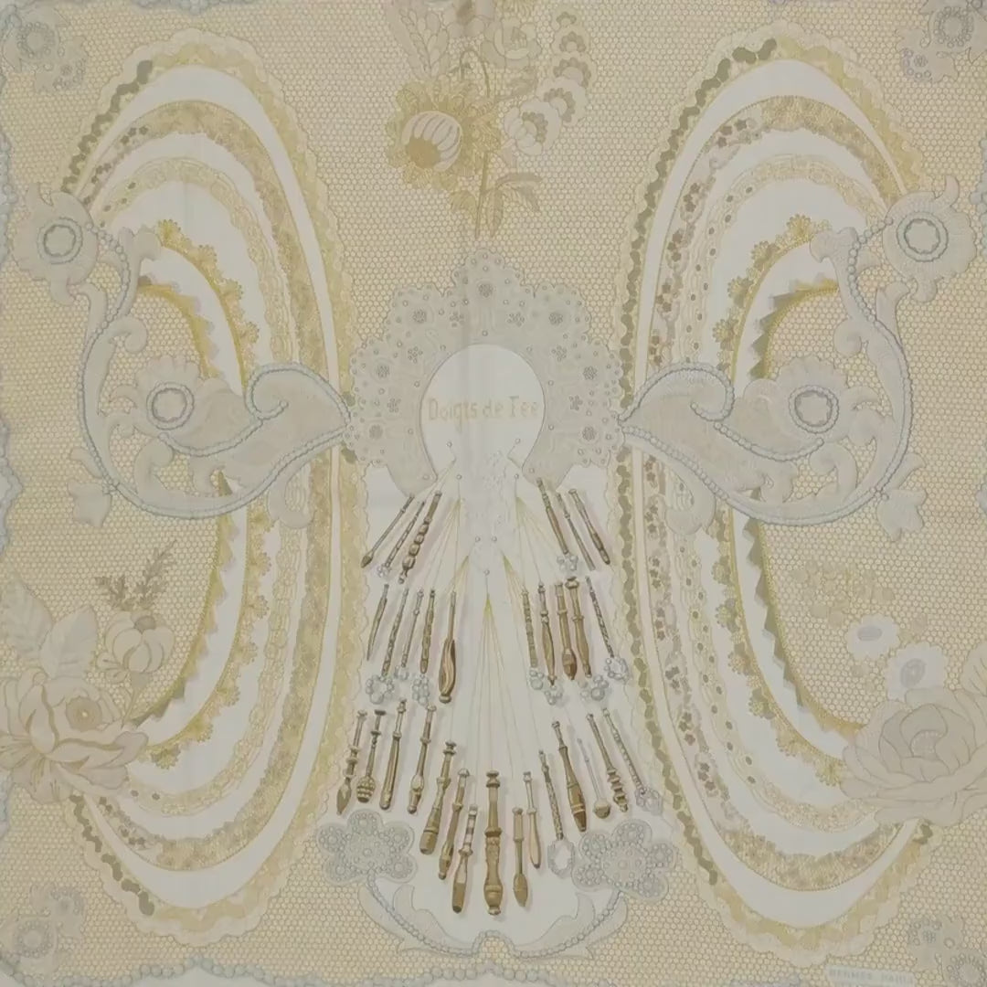 Hermès Scarf – "Doigts de Fée" by Caty Latham, 2000 Collectible Silk Scarf, Tribute to Lace-Making Art, 89cm Square, Made in France