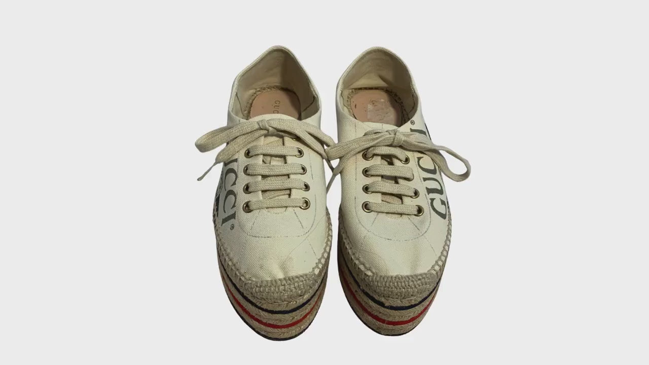 Gucci Canvas Platform Espadrille Sneakers – Web Accent, Interlocking G, Jute Trim, Lace-Up, Size 37.5, Authentic Designer Shoes