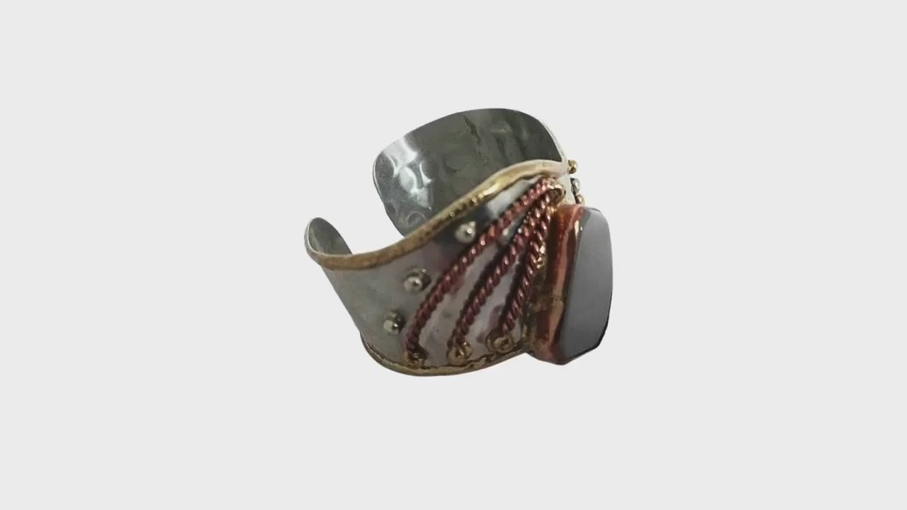 Original Art Nouveau Cuff Bracelet – Handcrafted Mixed Metals Brutalist Jewelry, Glass & Copper, Adjustable Steel Bangle
