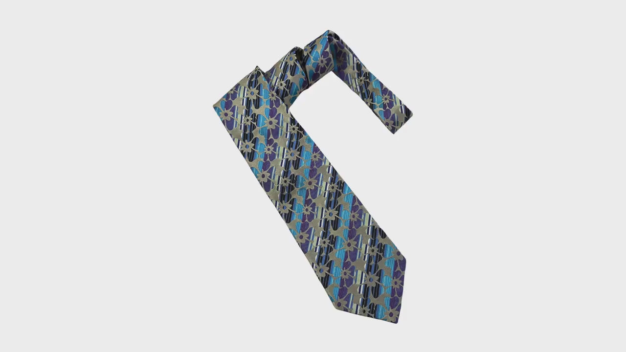 ETRO Milano Archival Silk | Striped Floral & Geometric Bloom grey silk tie ETRO tie with flowers Pure silk jacquard tie
