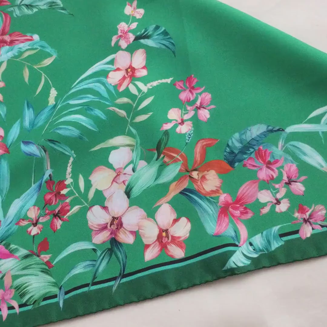 Italian Silk Scarf – Small Green Como Silk Scarf, Red & Pink Accents, Made in Italy, 19.5" Square with Rolled Edges