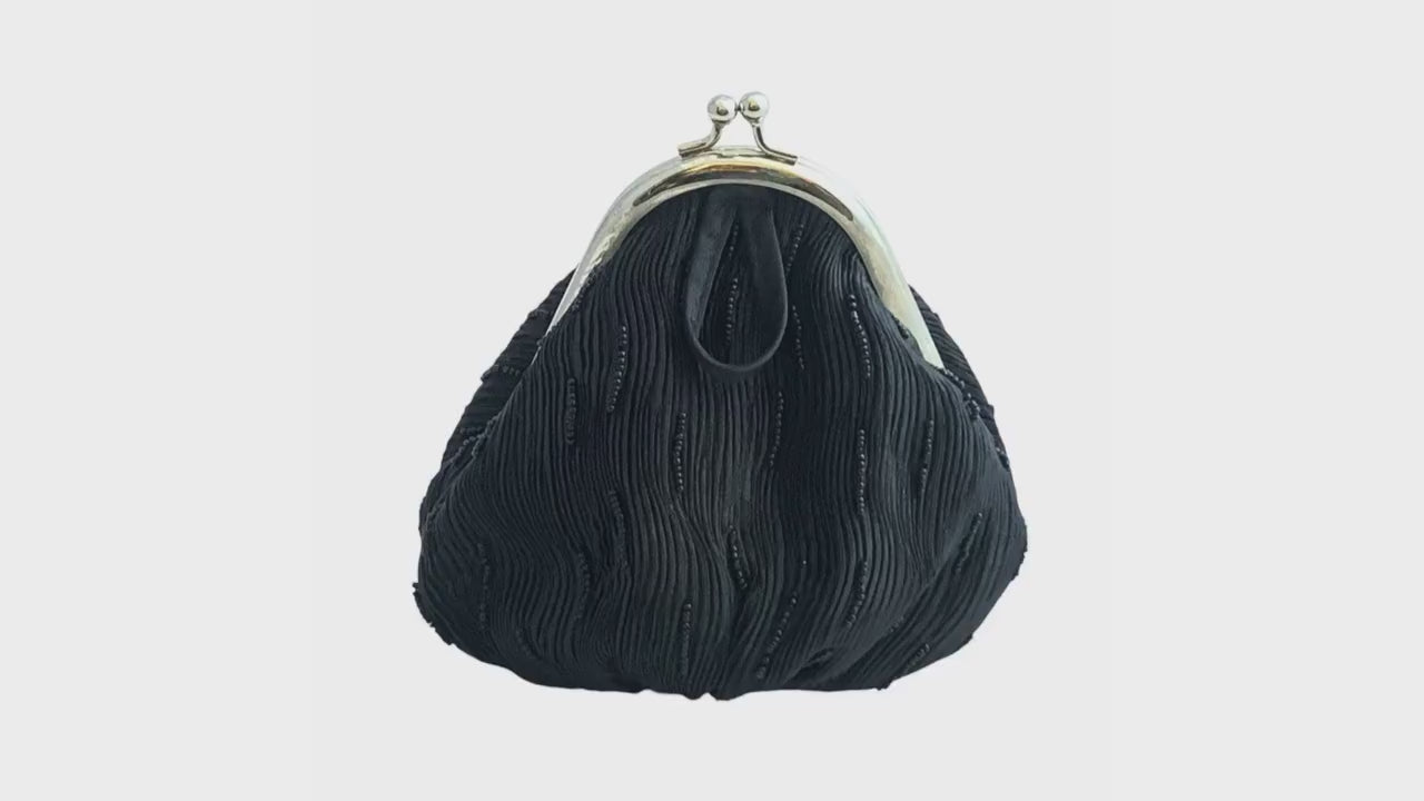 Vintage Black Beaded Evening Purse – Arianna Clutch, Silver Kiss Lock, Satin Interior, Wristlet Loop