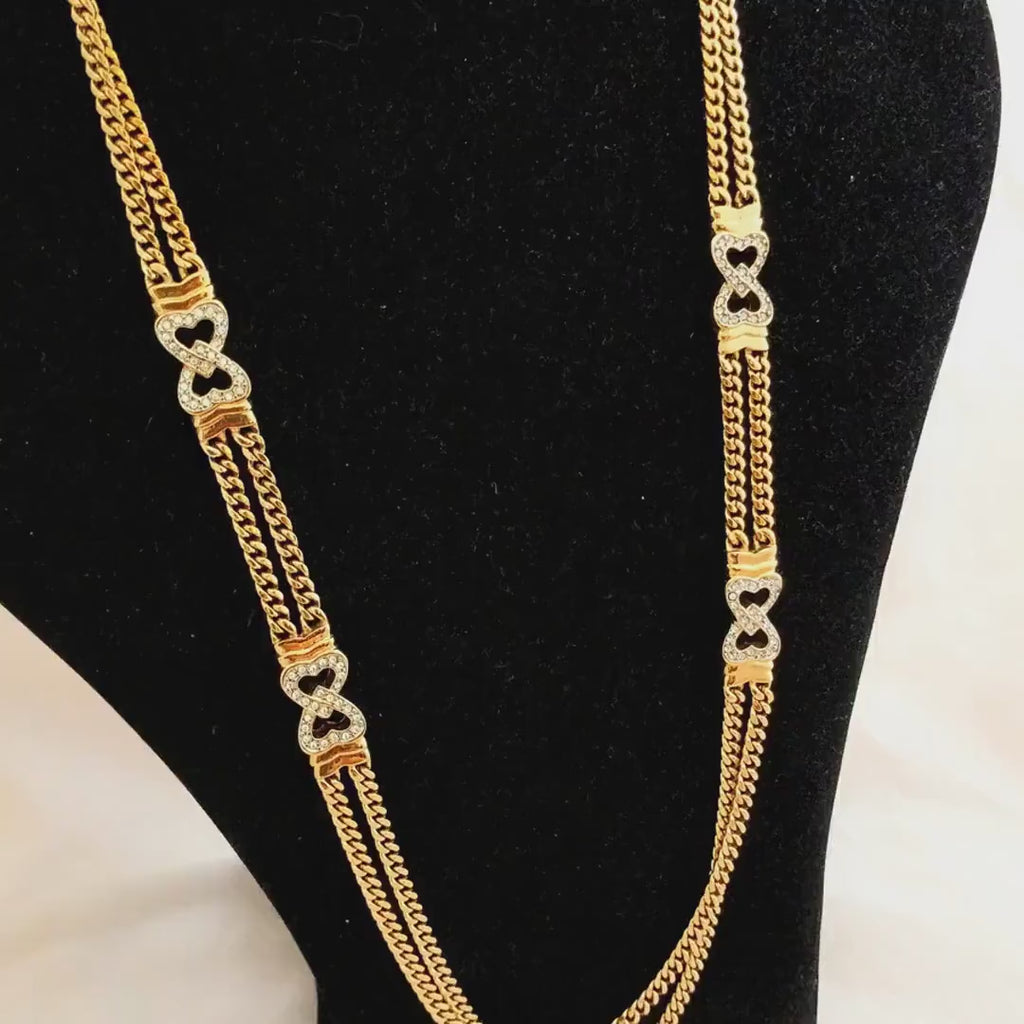 Vintage Park Lane Double Chain Necklace – Double Hearts Pendant, Gold-Tone Statement Necklace, Excellent Condition