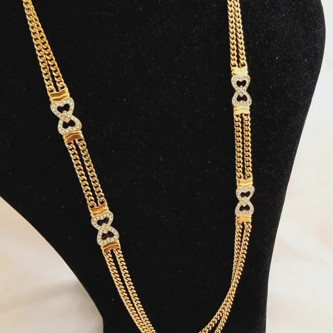 Vintage Park Lane Double Chain Necklace – Double Hearts Pendant, Gold-Tone Statement Necklace, Excellent Condition