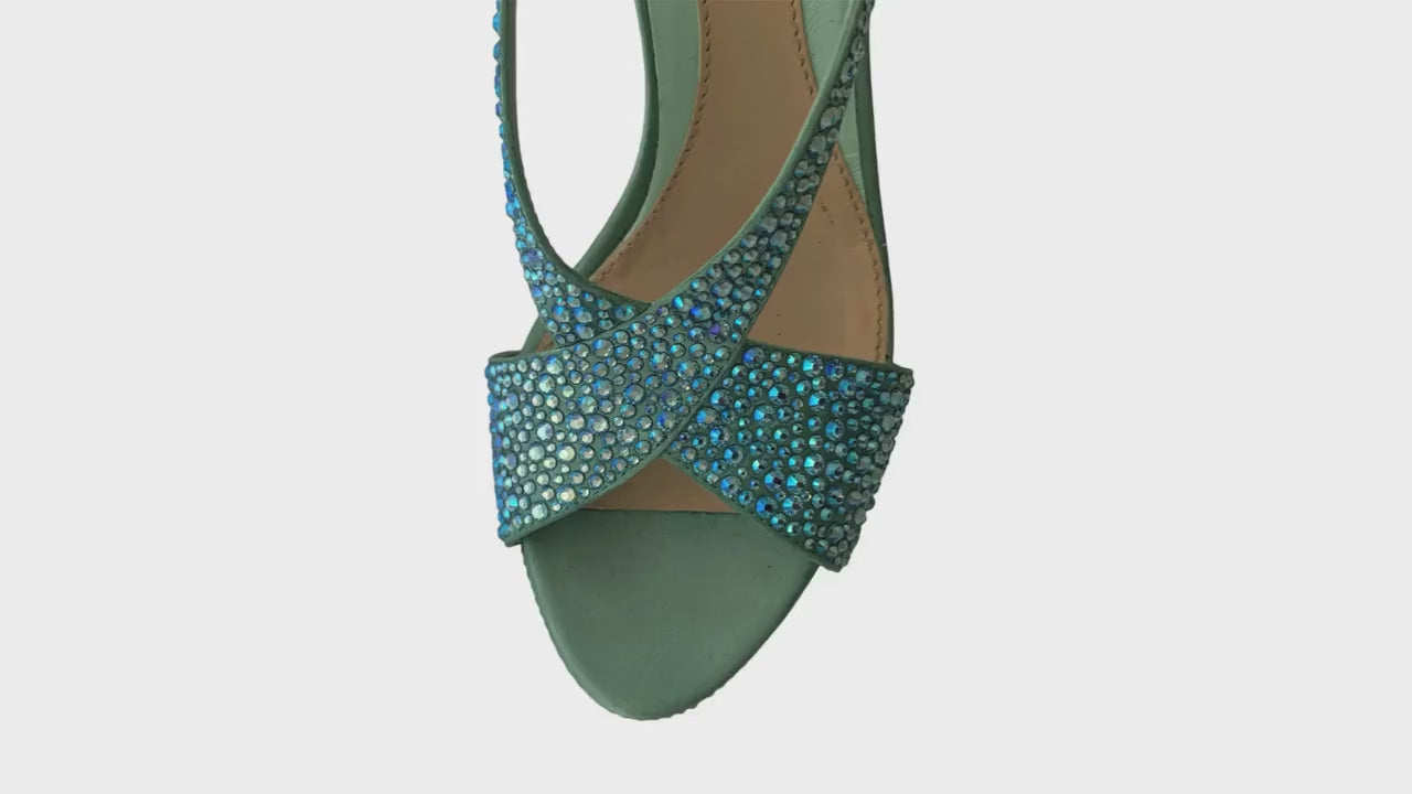 Gucci Crystal-Adorned Stiletto Sandals – Aquamarine Suede and Satin, Size 38, Made in Italy