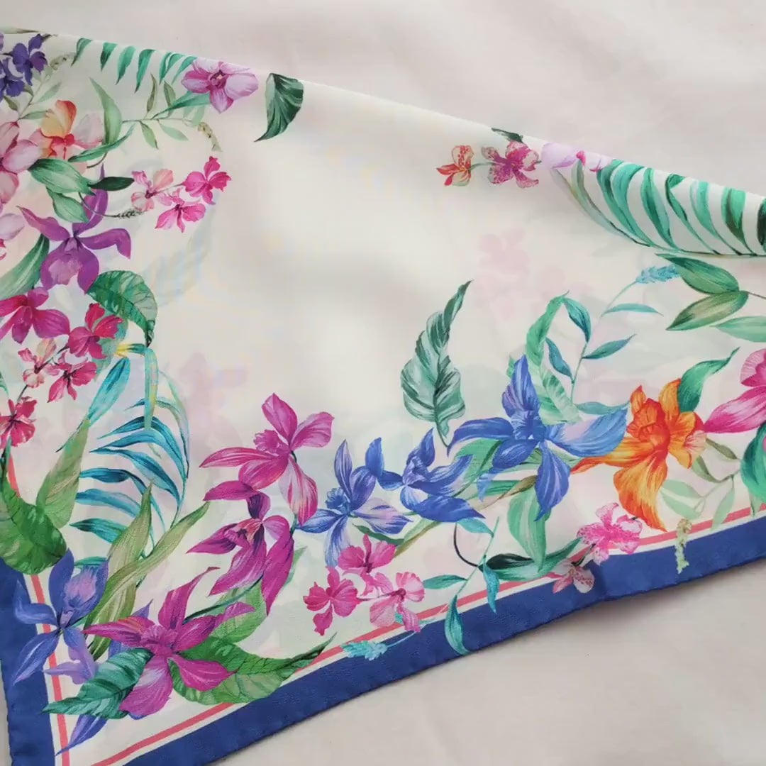 Italian Silk Scarf – Small White Como Silk Scarf, Blue & Pink Accents, Made in Italy, 19.5" Square, Rolled Edges