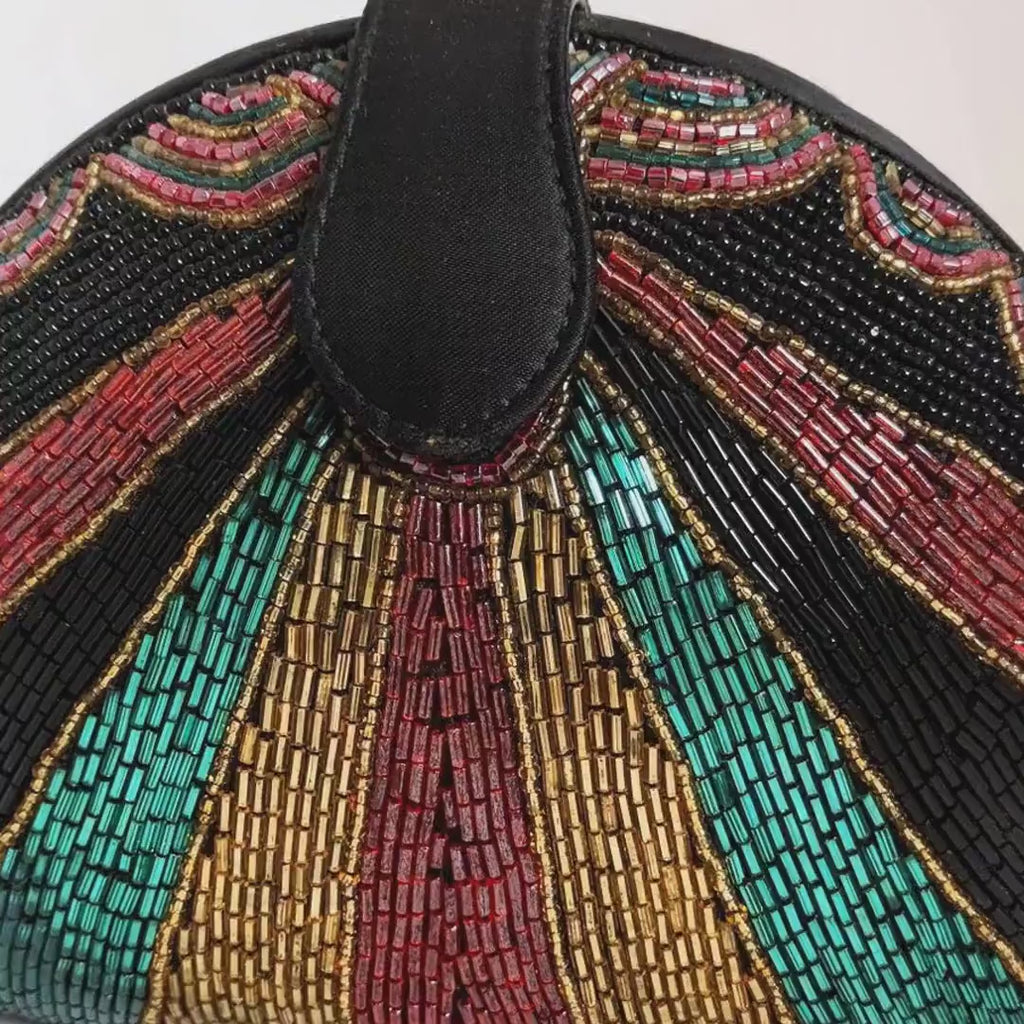 Vintage Bob Mackie Rainbow Beaded Clutch – Multicolored Glass Beads, Convertible Evening Purse with Removable Strap, 7.5” x 6”