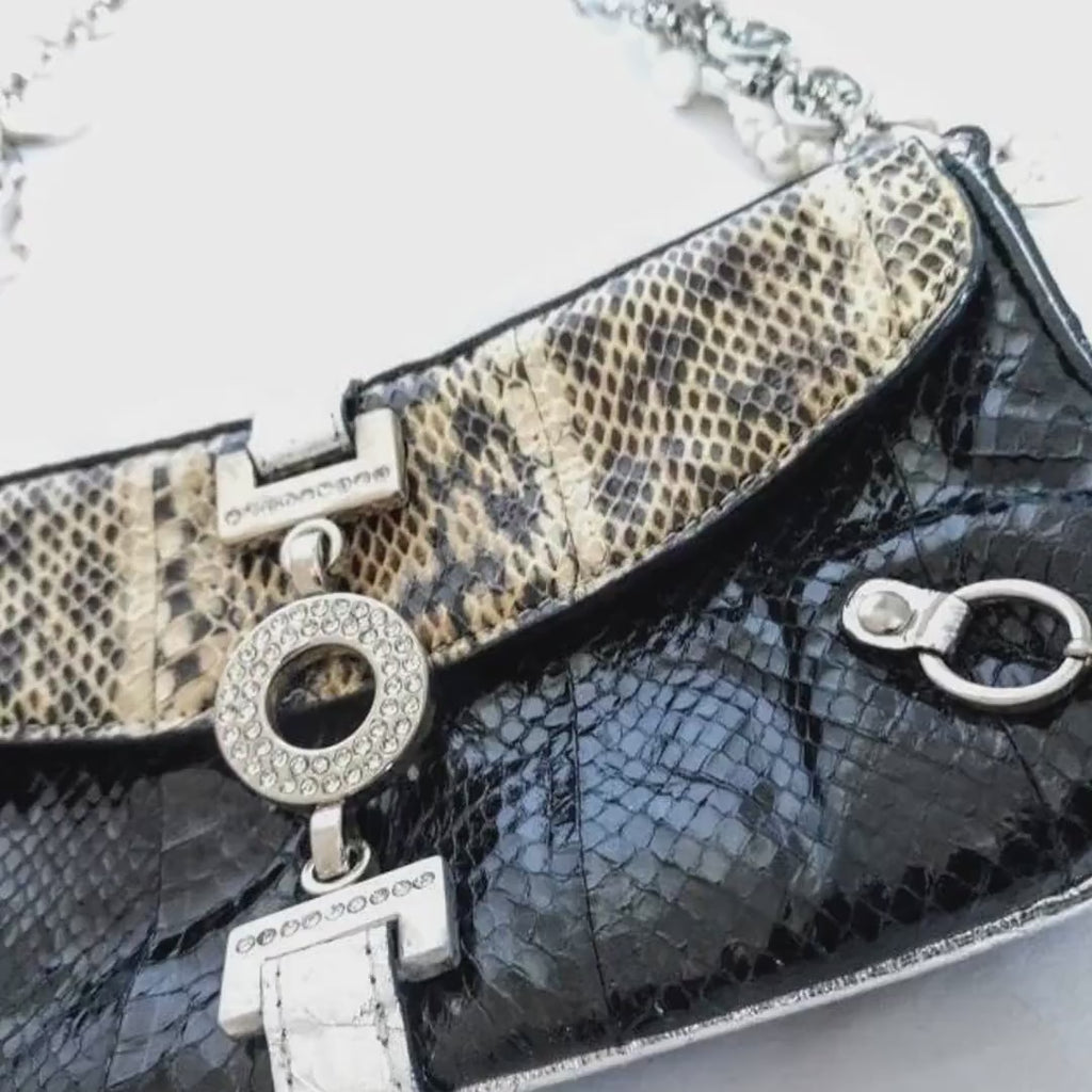 Tosca Blu Rare Shoulder Saddle Bag – Designer Snakeskin Leather Bag, Jeweled Chain-Link Strap, Stylish & Trendy, Vintage