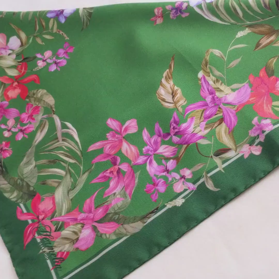 Beautiful Italian Silk Scarf – Small Green Como Silk Scarf, Magenta & Red Accents, Made in Italy, 19.5" Square with Rolled Edges