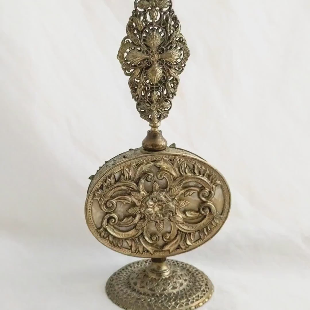 Vintage Ornolu Perfume Bottle – Ornate Gold Brass Filigree Design, Antique Decorative Vanity Bottle, Collectible Perfume Bottle