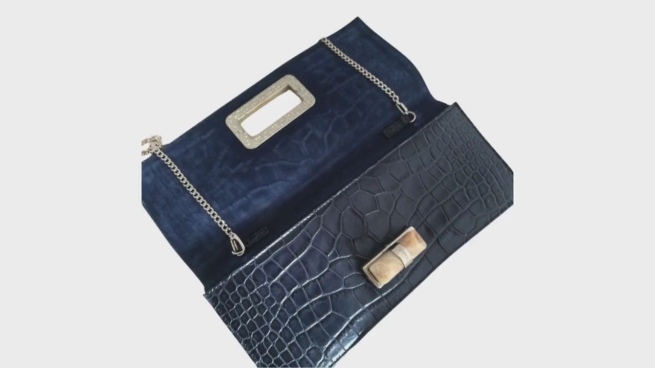 Furla Blue Leather Clutch – Croc-Embossed Pattern handbag Turn Lock clutch Removable Chain Strap Designer Purse Furla Clutch