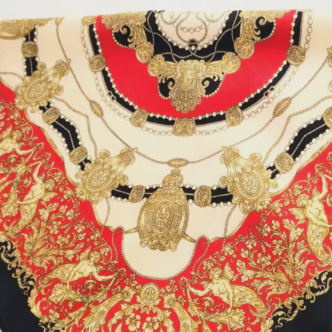 Italian Silk Scarf – Small Black Como Silk Scarf, Red & Cream Accents, Made in Italy, 19.5" Square with Rolled Edges