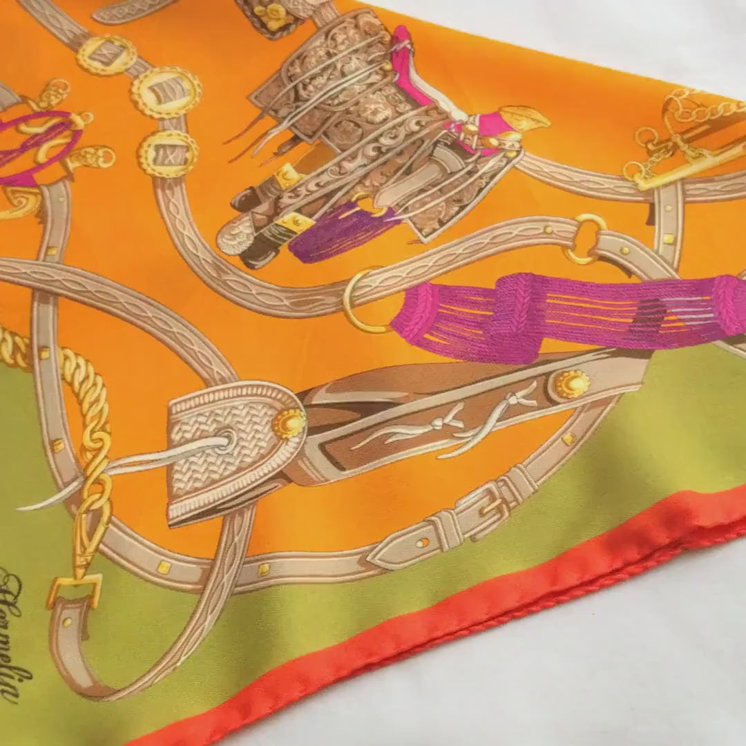 Italian Silk Scarf – Small Orange Como Silk Scarf, Green & Beige Accents, Made in Italy, 19.5" Square, Rolled Edges