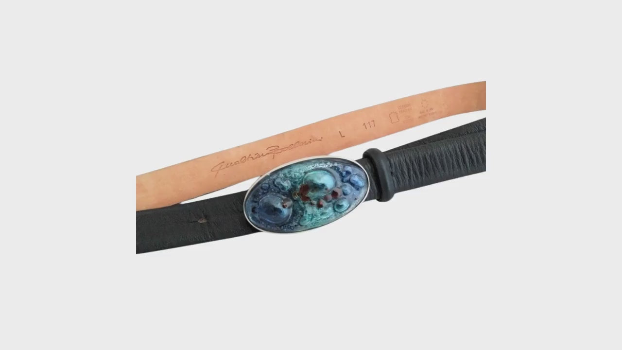 Ready_Qualheim Bollorini Italian Leather Belt – Murano Bubble Art Glass Buckle, Size L, Made in Italy