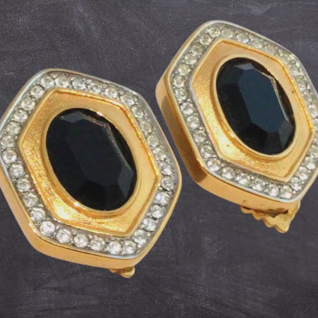 Vintage Earrings Signed Lanvin Germany, Black Crystals, Elegant Statement Jewelry, Retro Fashion Accessory, Unique Gift Idea