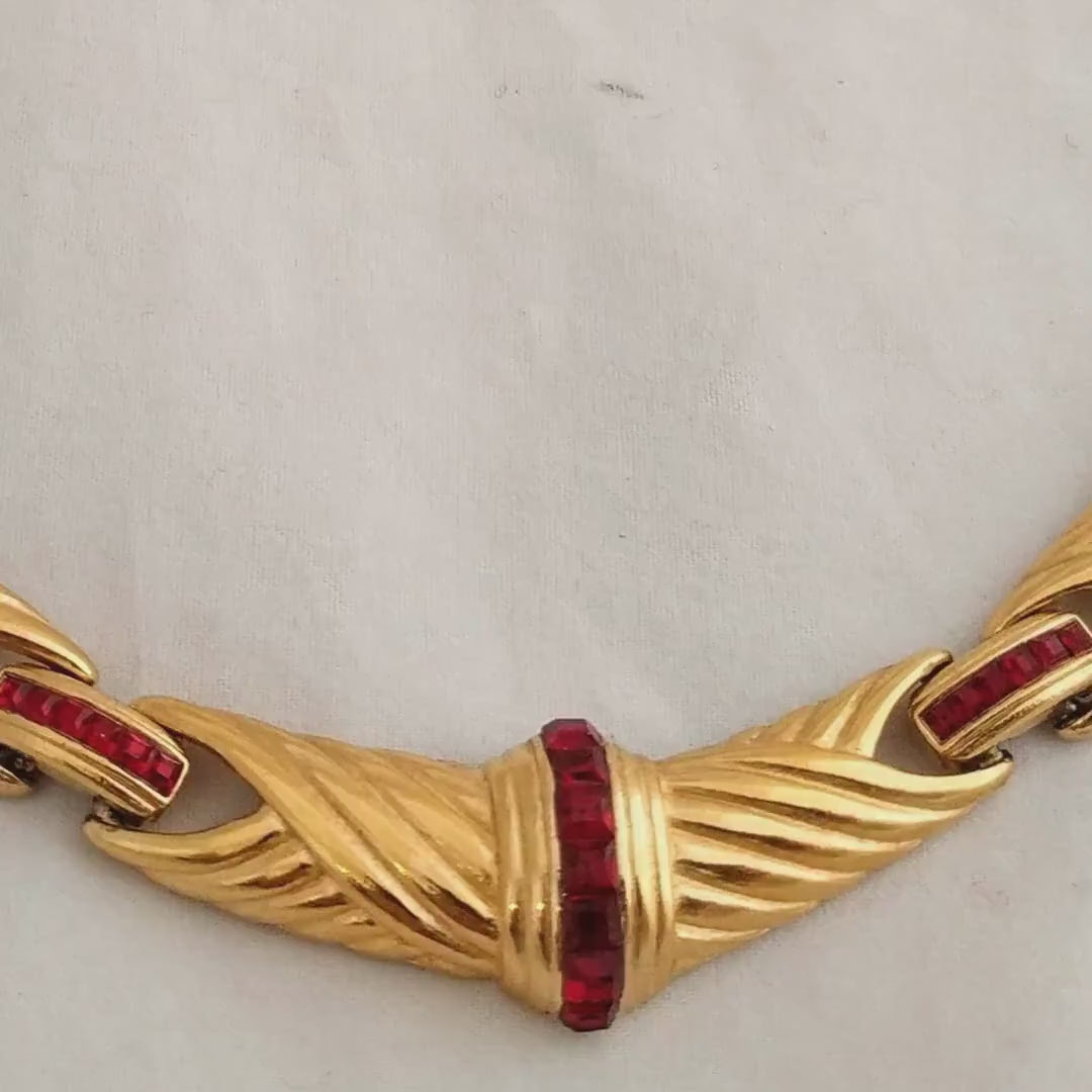 Rare Vintage Eisenberg Gold-Plated Necklace – Jewel Accented, Braided Pattern, Signed, 1940s Designer Necklace