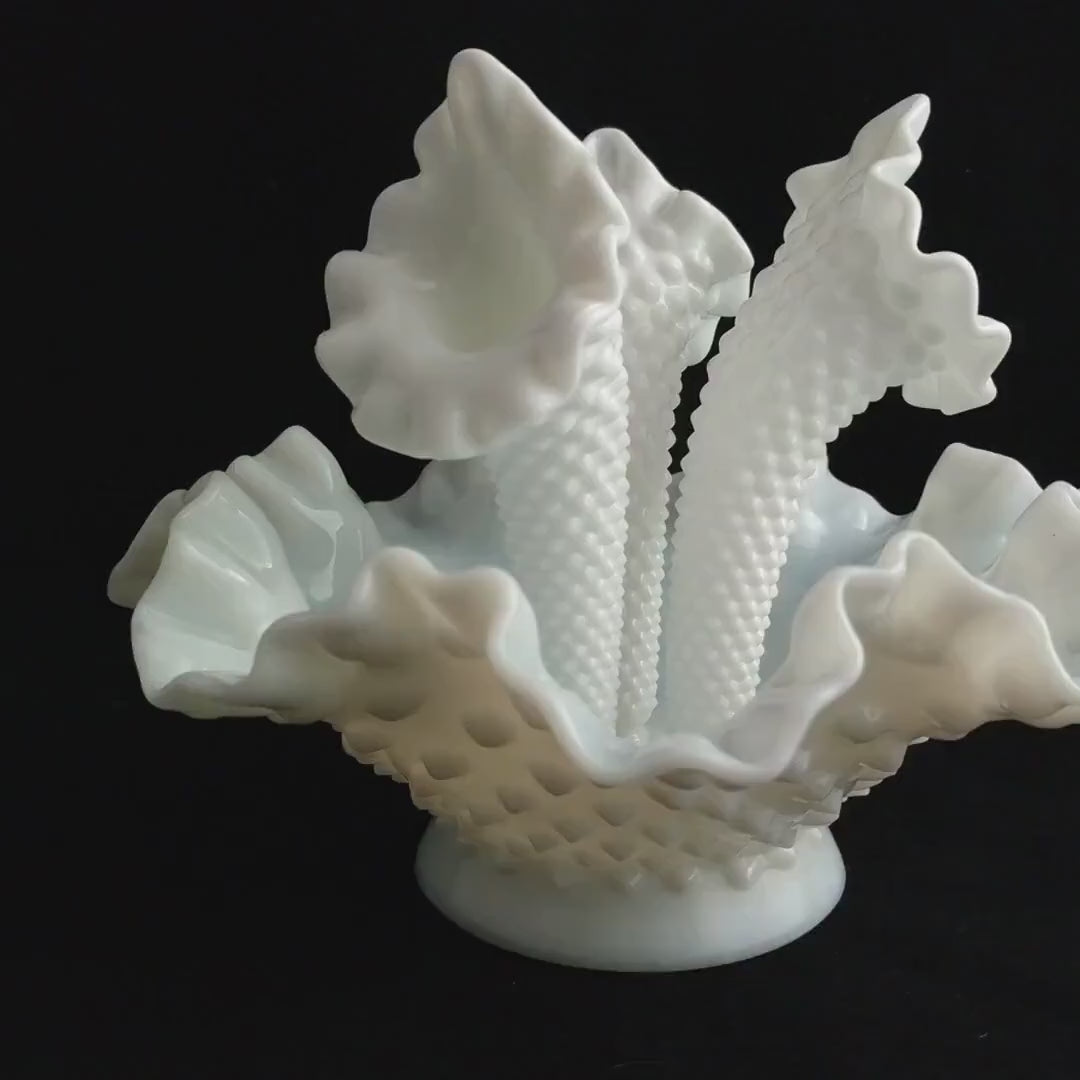 Hobnail Milk Glass vase by FENTON - Vintage Fenton Milk Glass Hobnail Epergne Vase – 3 Horns, Ruffled Edge, Mid-Century Collectible