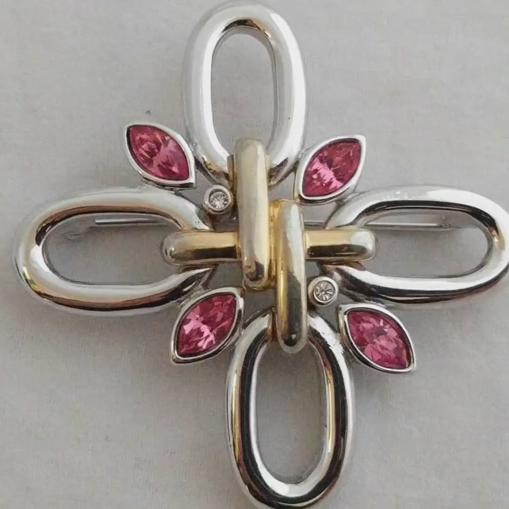 Andre Courreges Modernist Brooch – Signed, Rhodium-Plated with Clear and Pink Crystals, 2” x 2”