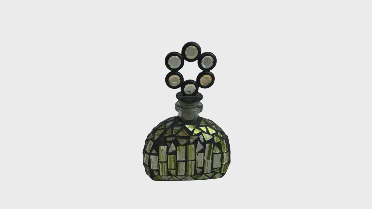 Rare Vintage Glass Mosaic Perfume Bottle with Stopper – Green and Silver Glass, 6.25" Tall, Collectible Perfume Bottle