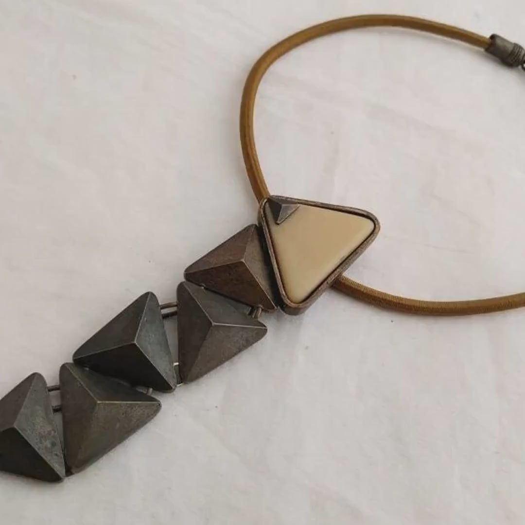 La Tribu Rigaux French Modernist Necklace – 1990s Couture Pendant Necklace, Woven Elastic & Metal, Collectible Vintage Jewelry, 17" Length