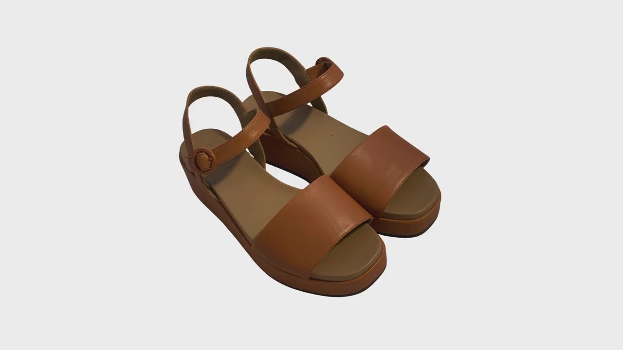 Camper Misia Platform Wedge Sandals – Brown Calfskin Leather, Size 39, Cushioned Sole, Adjustable Strap, Never Worn, Minimalist Style
