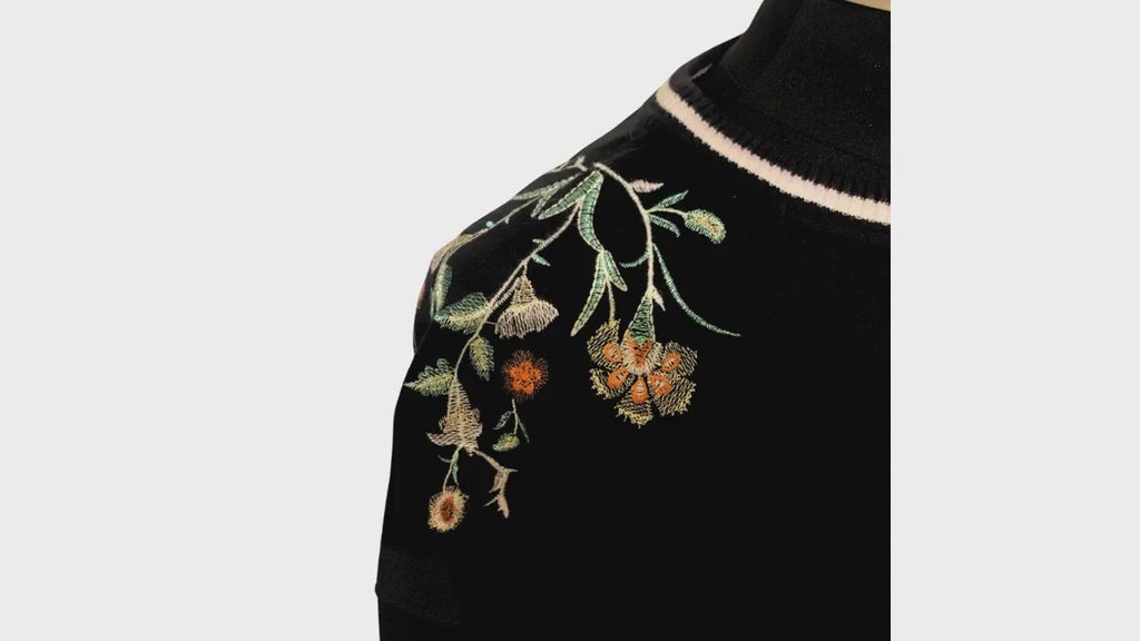 Maje Black Crew Neck Embroidered Top – Floral Print, Casual Chic, Size S, Very Good Condition